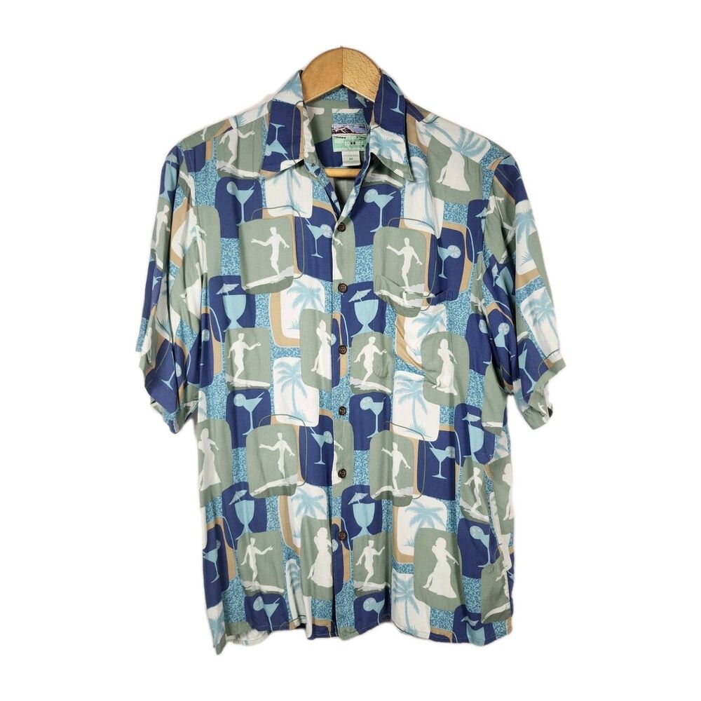 Reyn Spooner Vintage Aloha Bar Hawaiian Shirt Hula Surfer Martini Mens Sz Medium